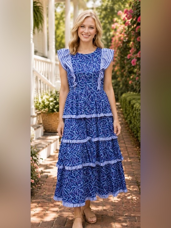 Simply Southern Dresses & Skirts - Simply Southern NWT Blue Floral Ribbon 🎀 Tiered Ruffle Dress L B 38”